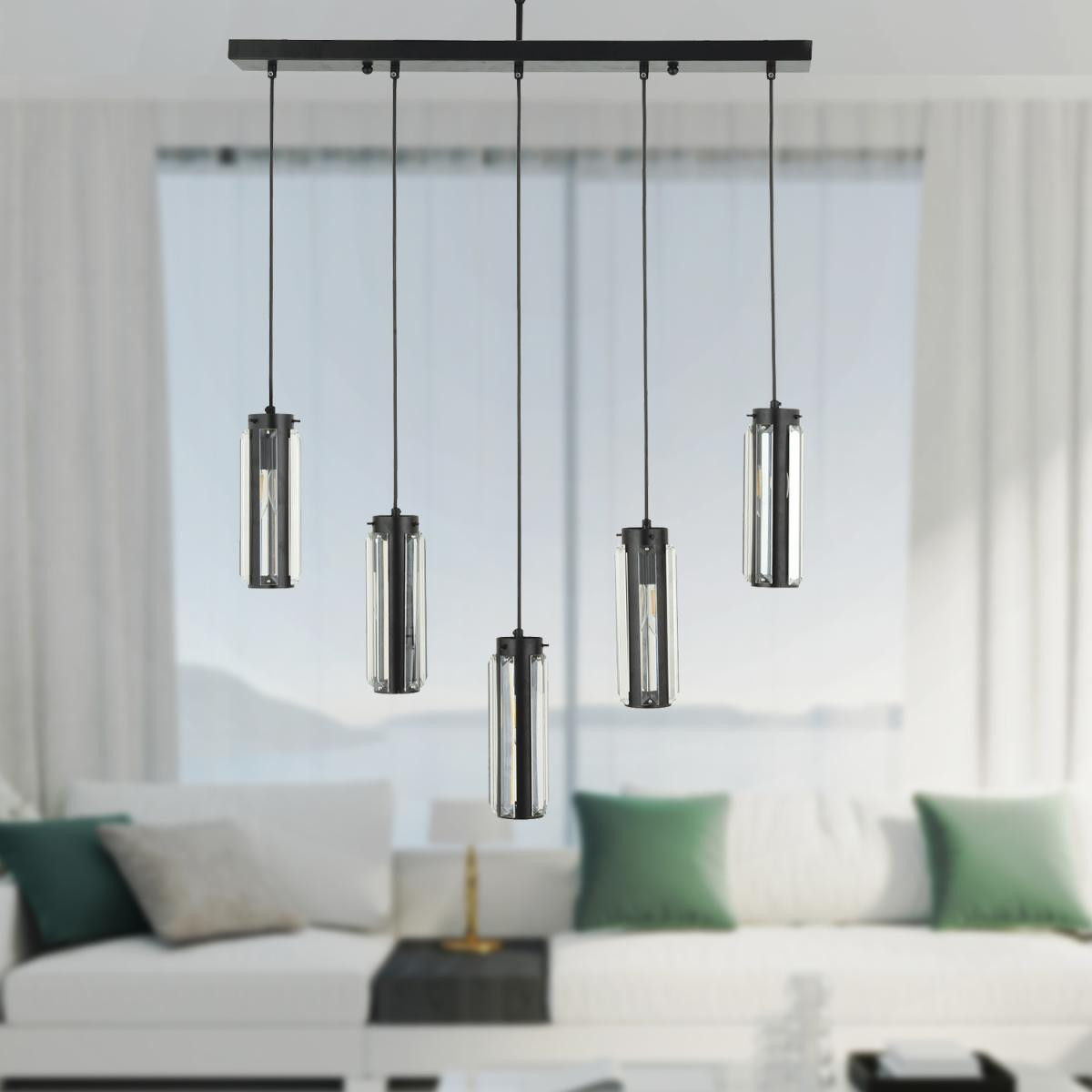 Apliqa Natali 5 Li Sıralı Siyah Salon- Modern Tasarım Yemek Masası Üstü Salon Sarkıt Avize