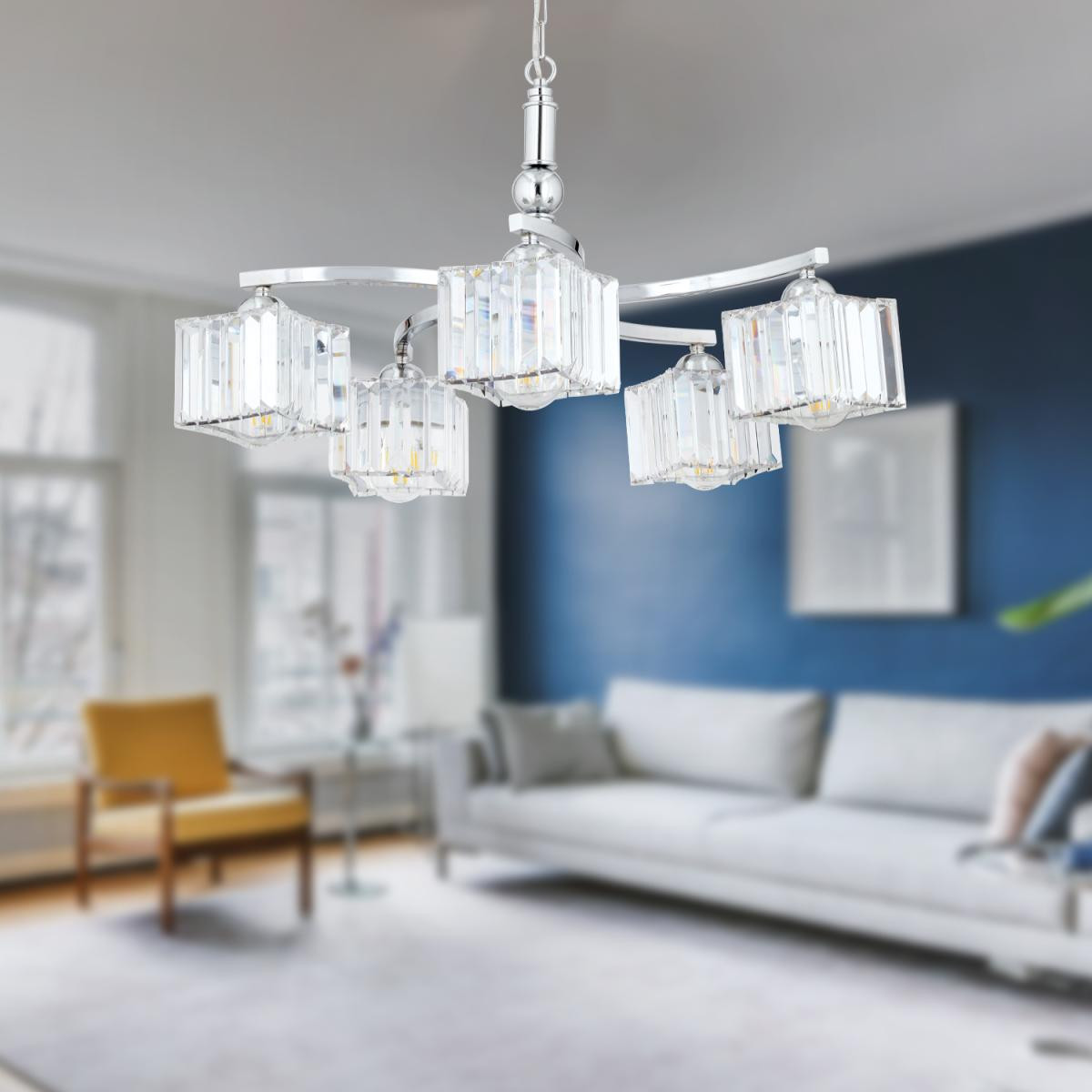 Apliqa Rima 5 Kollu Krom Kaplama Kristalli Taşlı Modern Tasarım Salon-yatak Odası Kristal Salon Avize