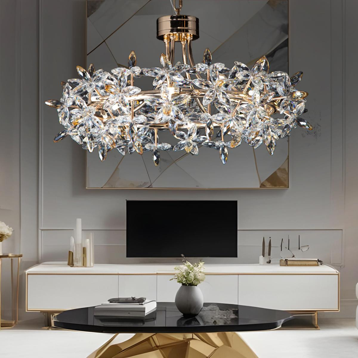 Apliqa Mercan 60'lık Yuvarlak Gold Kristal Taşlı Modern Oturma Odası, Salon Avize