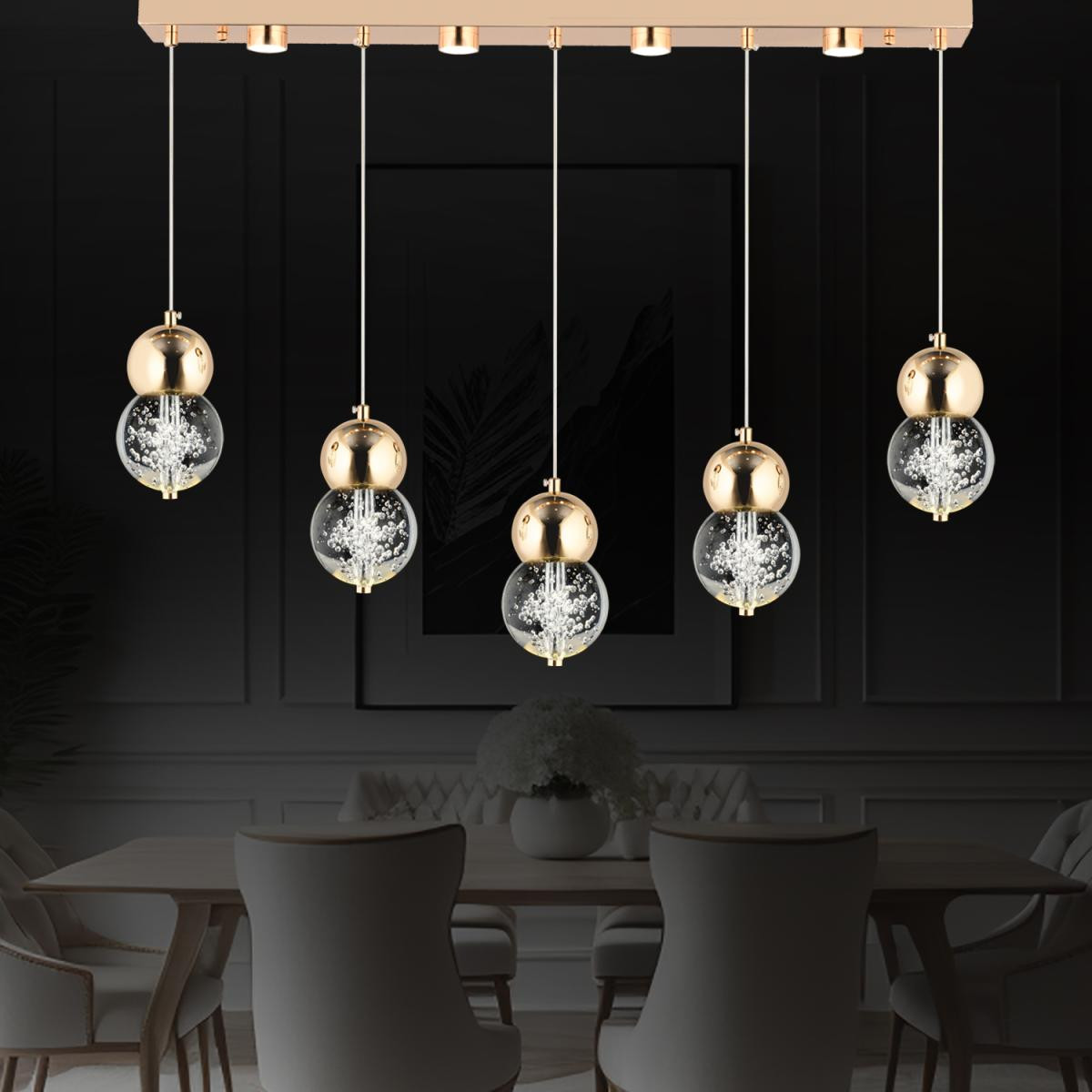 Apliqa Sasha 5'li Sıralı 3 Renkli 57 Watt Gold Kristal Ledli Modern Oturma Odası Salon Sarkıt Avize