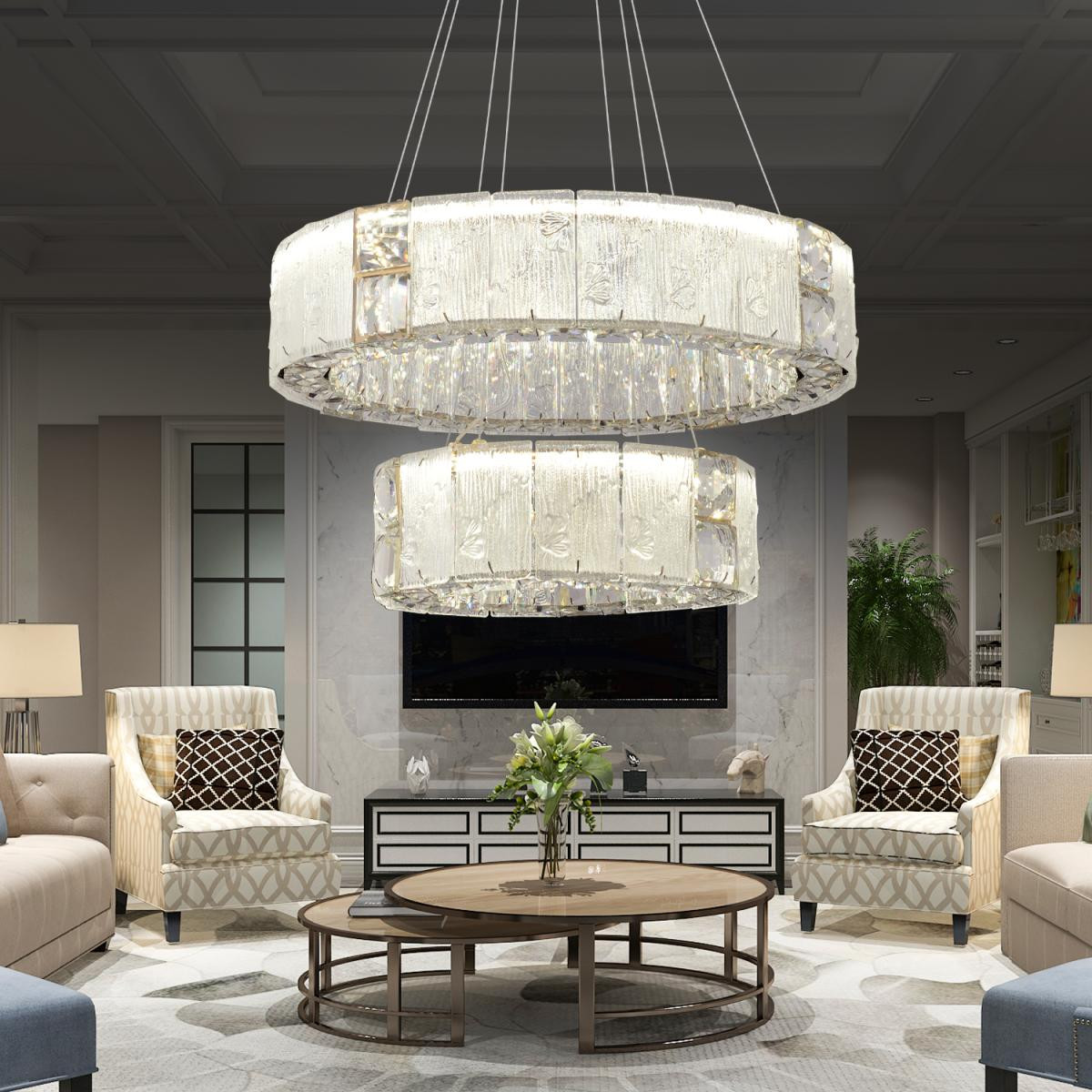 Apliqa Rocco 2 Katlı 3 Renkli Ledli 64 Watt Gold Kaplamalı Kristal Taşlı Sarkıt Led Salon Avize