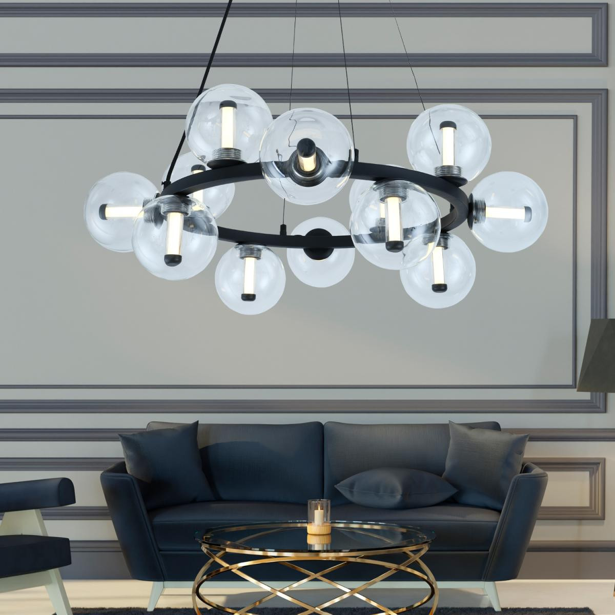 Apliqa Neval 12'li Yuvarlak Siyah 13 Watt Gold Oturma Odası, Salon Sarkıt Avize