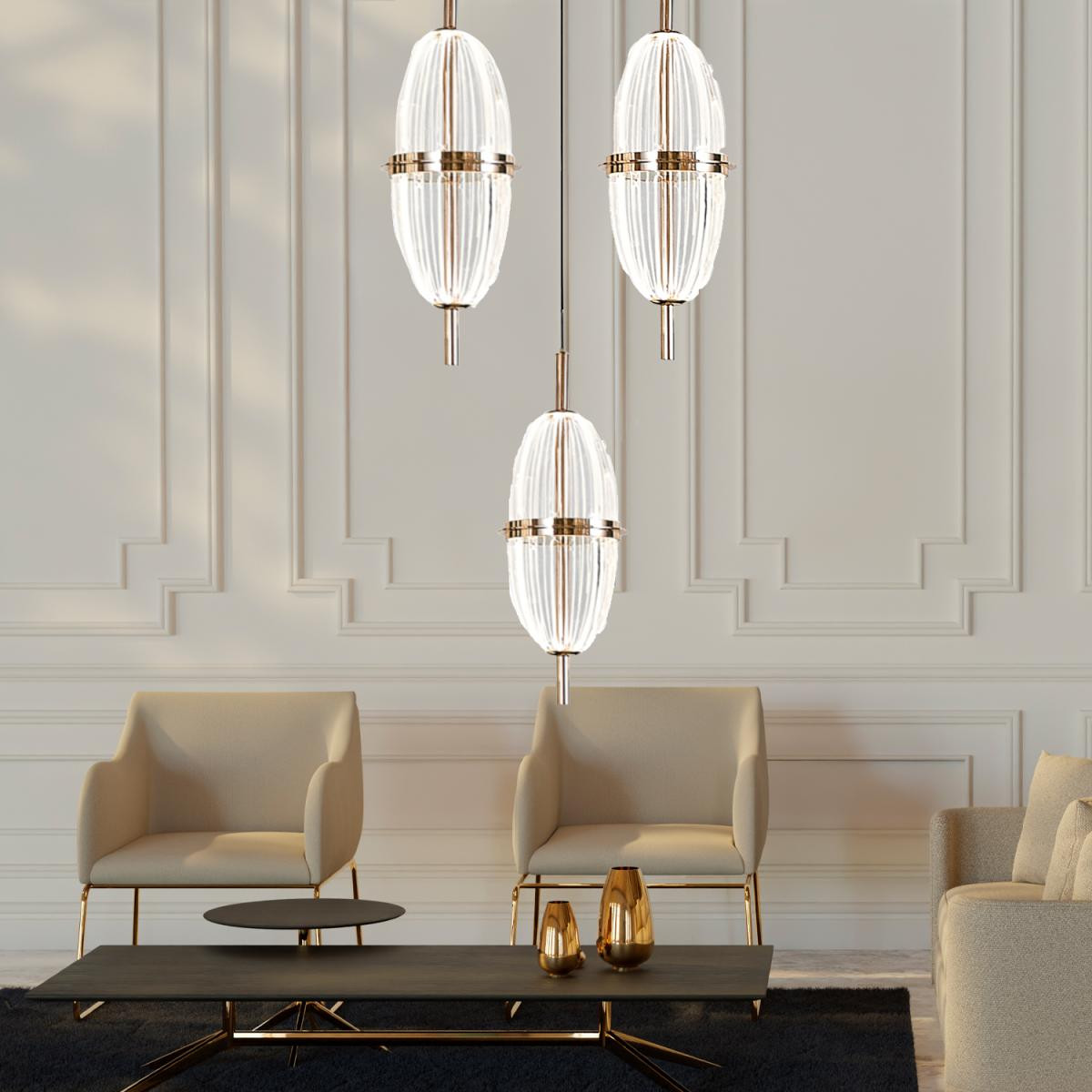 Apliqa Liona 3'lü Yuvarlak 30 Watt Gold Krisatlli Modern Salon Oturma Odası Sarkıt Led Avize