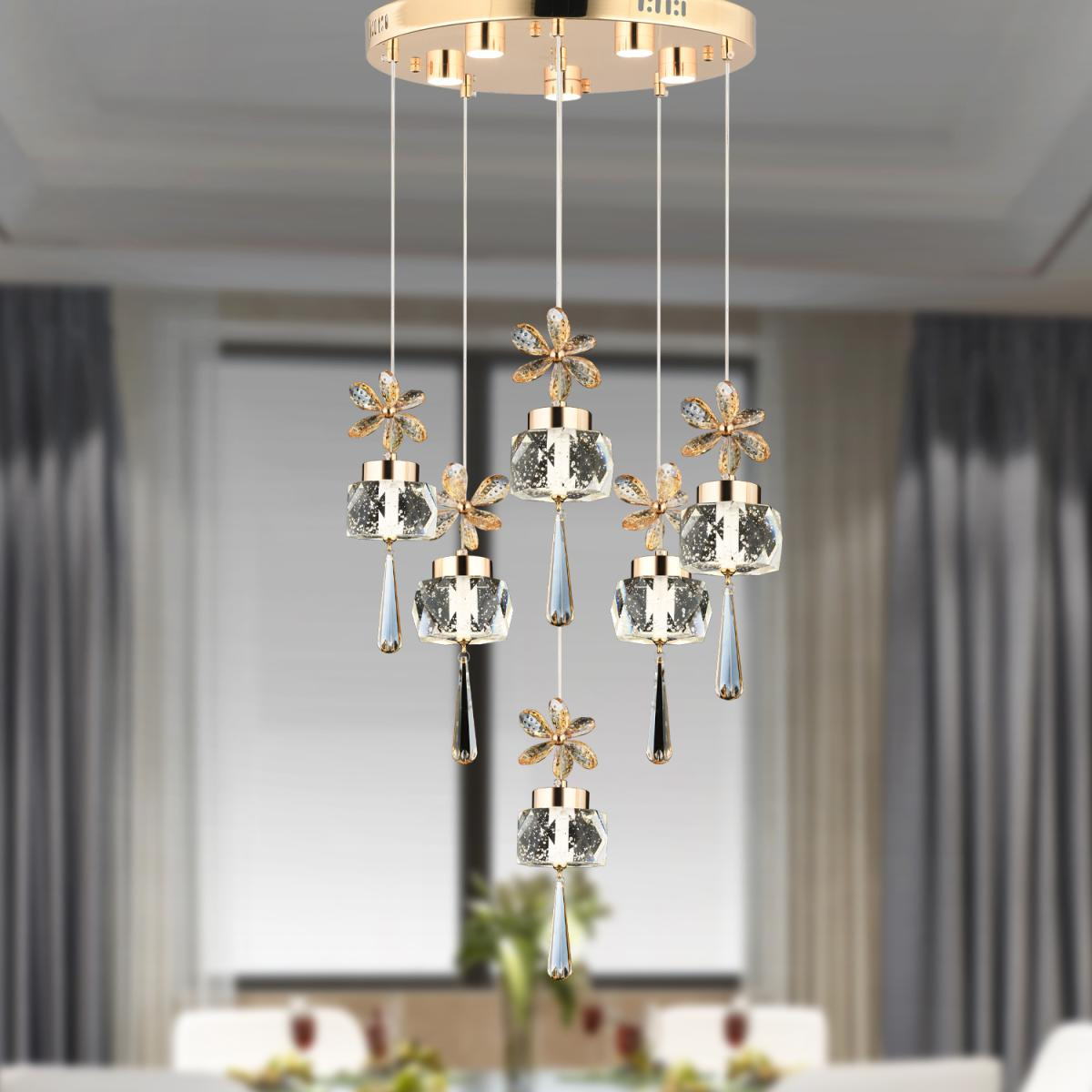 Apliqa Amaris 6'lı Yuvarlak Gold Kelebek Led Avize Kristal Ledli Modern Oturma Odası Büyük Salon Sarkıt Avize
