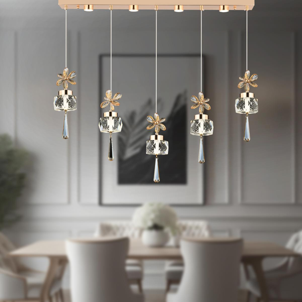 Apliqa Amaris 5'li Sıralı 3 Renkli 70 Watt Gold Kelebek Led Avize Kristal Ledli Modern Oturma Odası Salon Sarkıt Avize