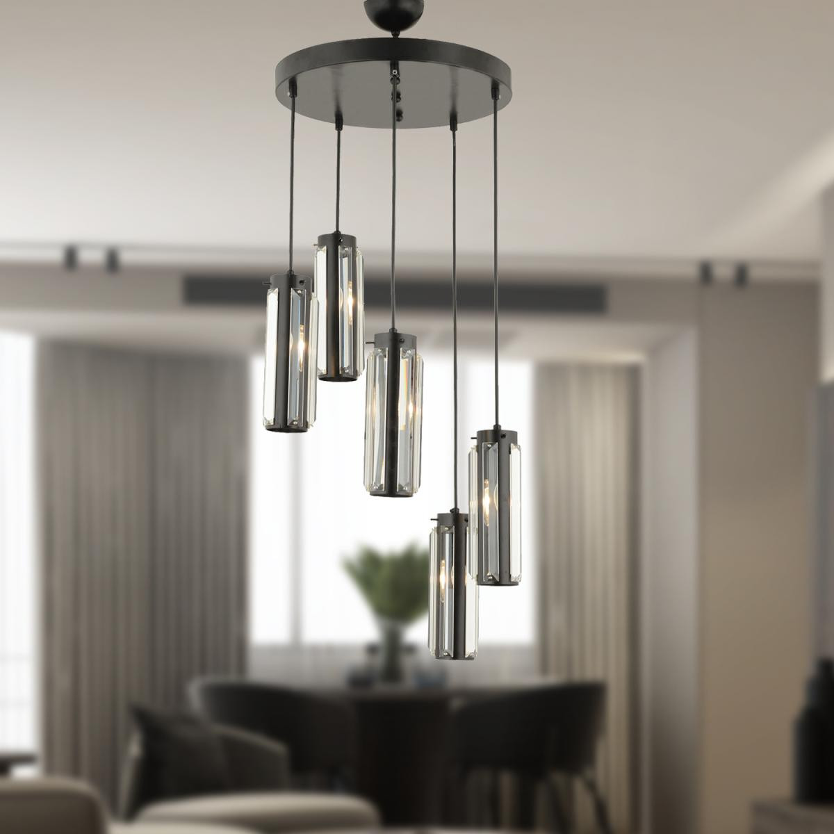 Apliqa Natali 5 Li Yuvarlak Siyah Modern Kristalli, Taşlı Modern Tasarım Kristal Salon Sarkıt Avize
