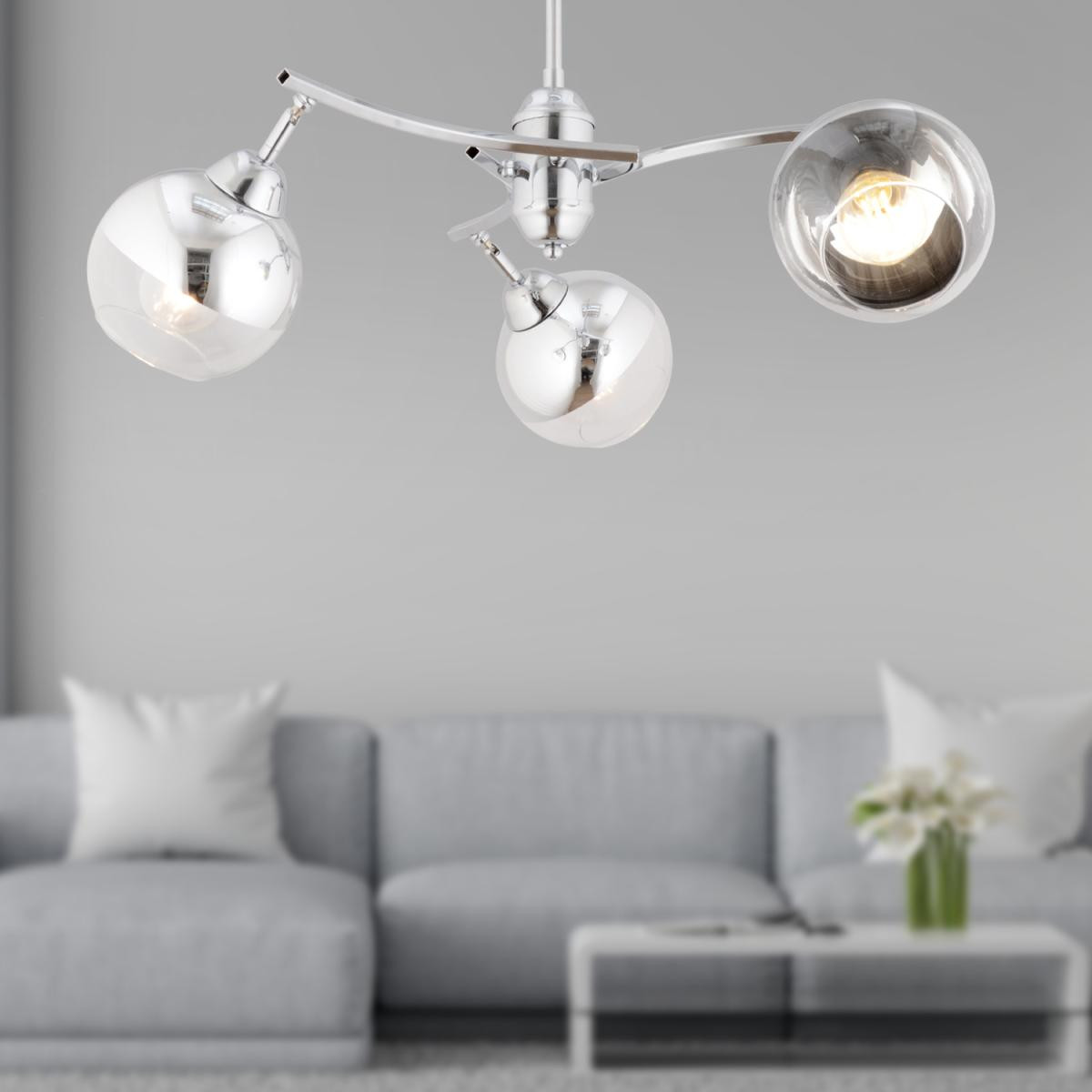 Apliqa Abbey 3'lü Krom Rengi Krom Camlı Yuvarlak Modern Oturma Odası Spot Salon Avize