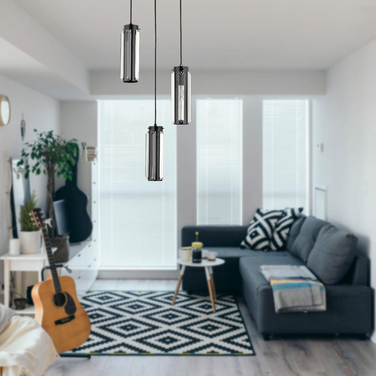 Apliqa Natali 3 Lü Siyah Kristalli, Taşlı Modern Tasarım Kristal Salon Sarkıt Avize