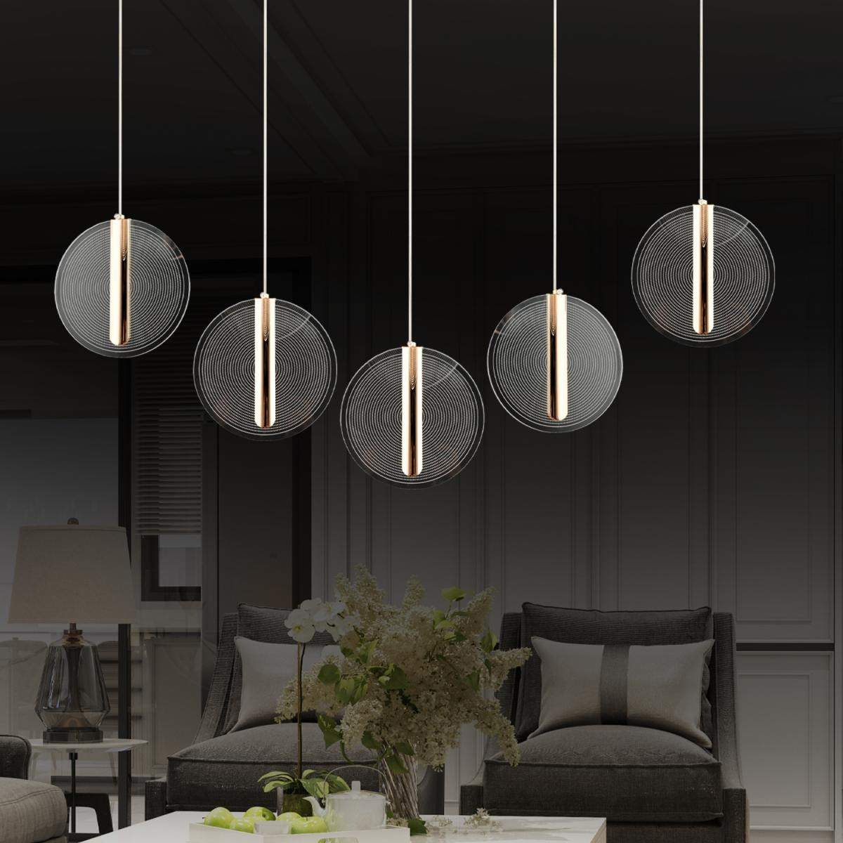 Apliqa Dustin 5'li Sıralı 3 Renk 75 Watt Gold Kristal Ledli Modern Oturma Odası Salon Sarkıt Avize