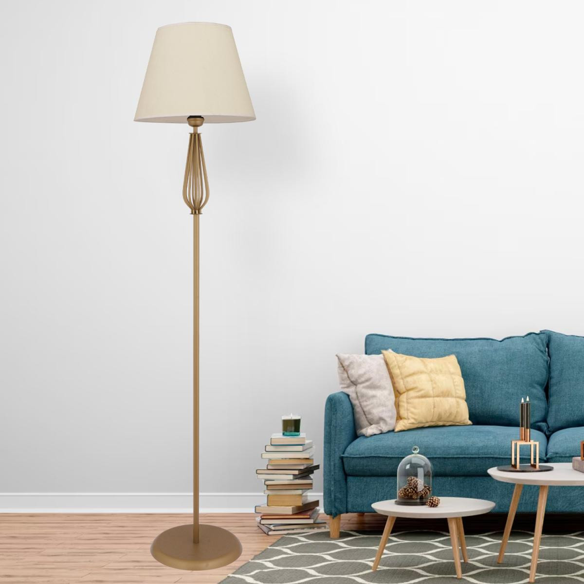 Apliqa Bolivia Beyaz Şapkalı Eskitme Modern Tasarım Ayaklı Abajur Lamba Metal Lambader