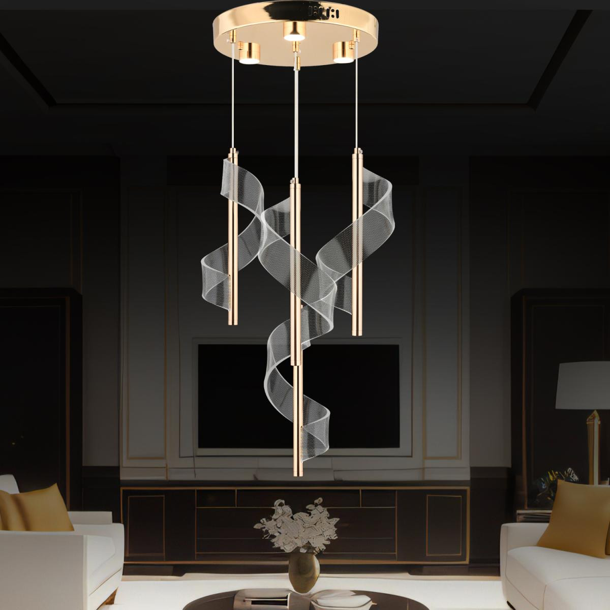 Apliqa Jadon 4'lü Yuvarlak 3 Renkli 35 Watt Gold Kristal Ledli Modern Oturma Odası Salon Sarkıt Avize