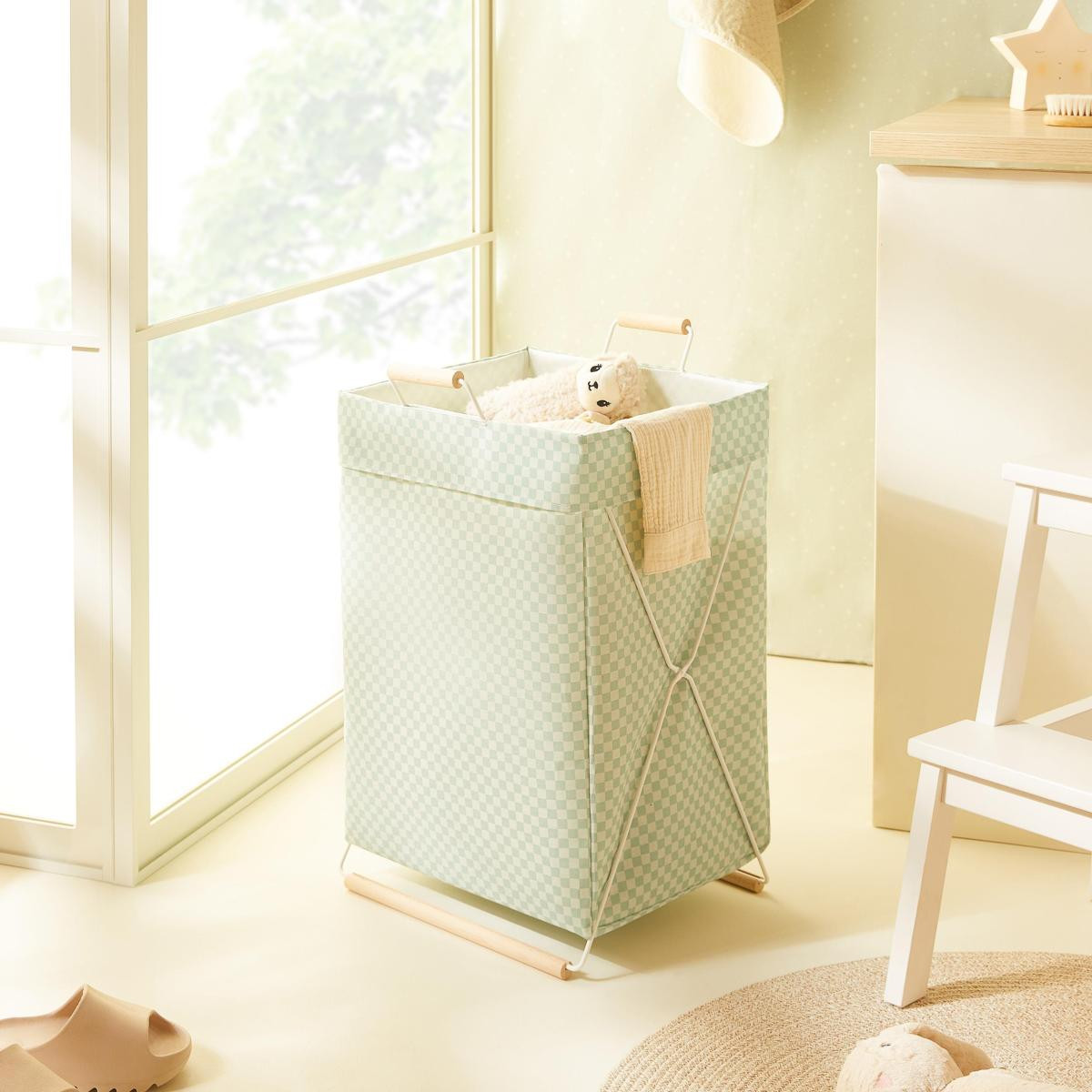 Ocean Home Textile Katlanabilir Metal Destekli Beyaz Renk Mint Dama Desen Çamaşır Sepeti 36 X 33 X 60 Cm