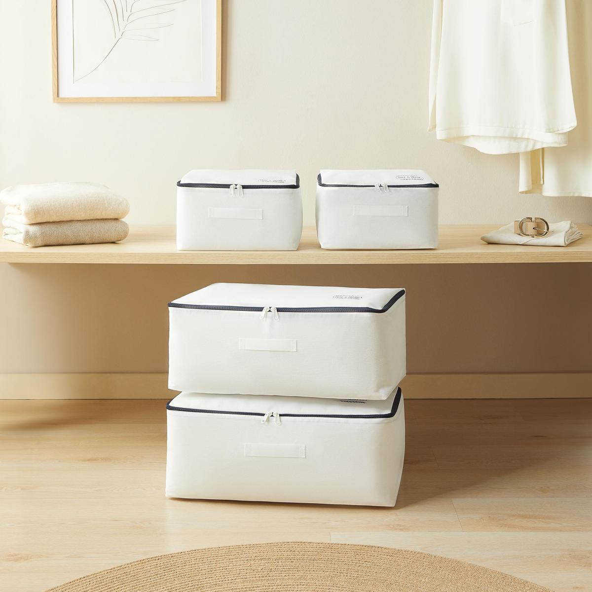 Ocean Home Textile 4'lü Lacivert Fermuarlı Beyaz Renk Stuff & Things Hurç Set 30 X 22 X 18 + 52 X 28 X 21 Cm