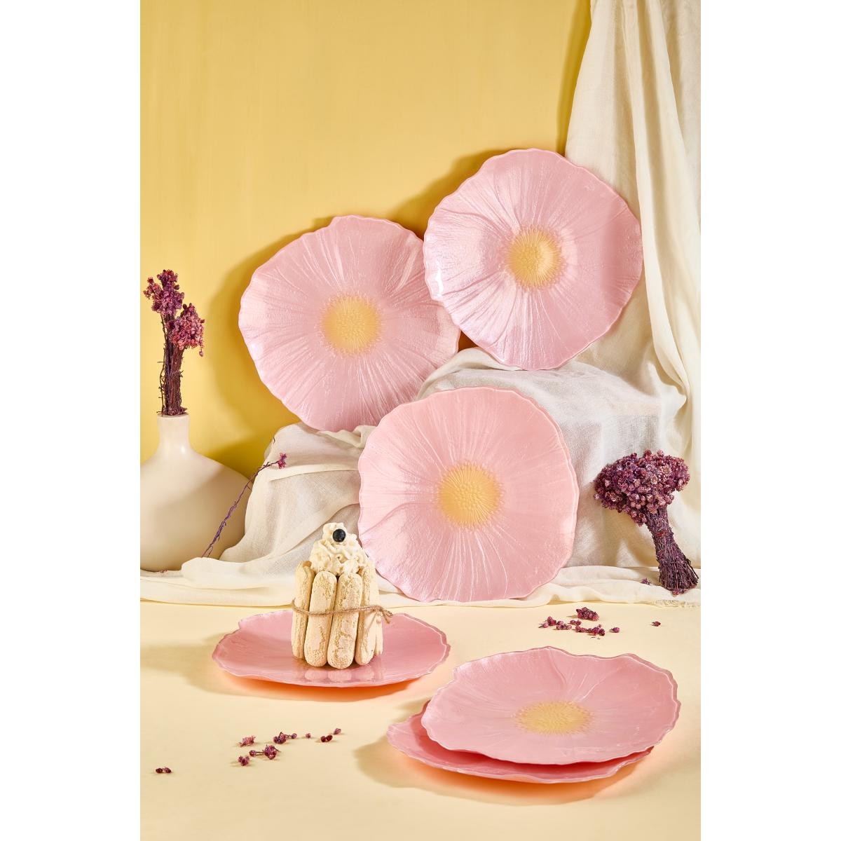 Lora Bianca Alba 28 Cm 6'lı Pembe Çiçek Desen Servis Sunum Tabağı Seti