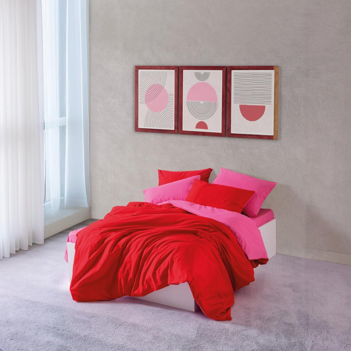 Cozy Home Popping Colors Çift Kişilik Lastikli Çarşaflı Nevresim Takımı Sage Kırmızı-Fuşya