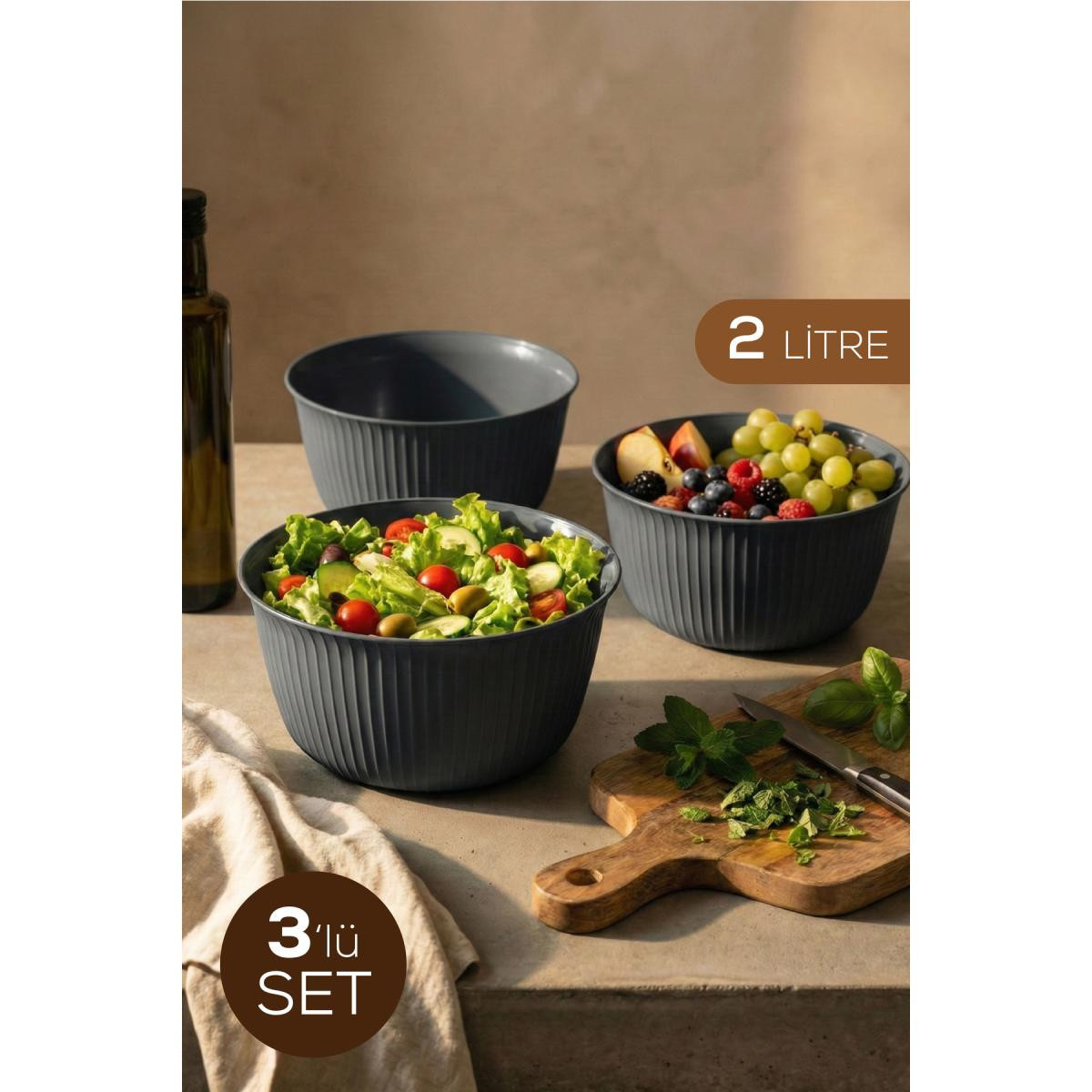 Vienev 3'lü 2 Litre Plastik Karıştırma Ve Saklama Kase Seti Antrasit