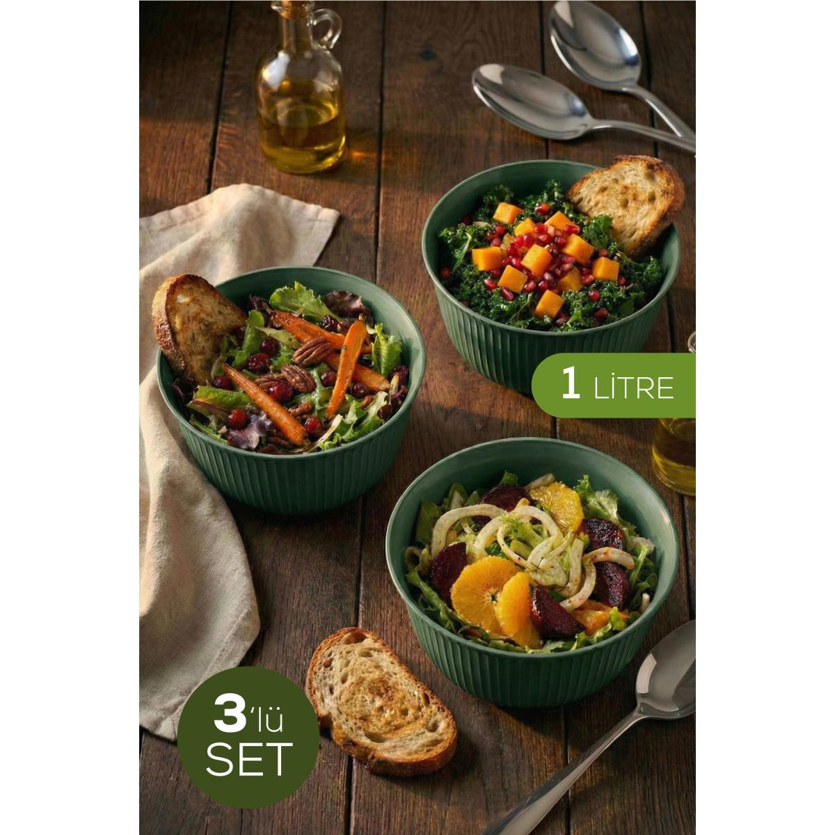 Vienev 3'lü 1 Litre Plastik Karıştırma Ve Saklama Kase Seti Yeşil