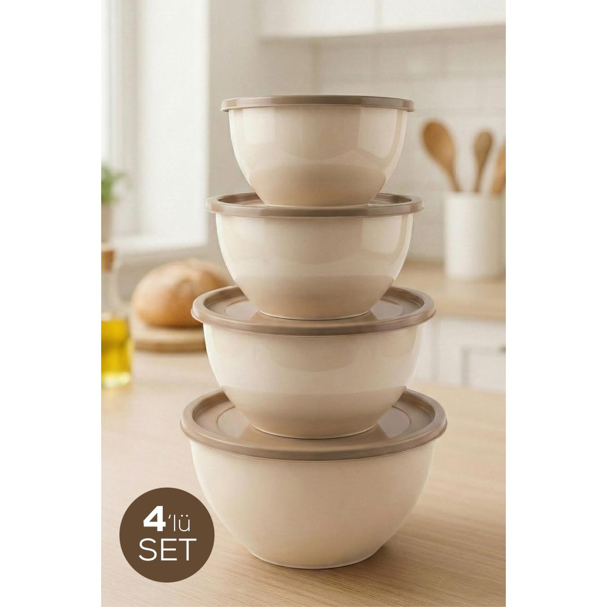 Vienev 4'lü Yuvarlak Kase Seti Bej | 1l, 1.5l, 2.3l, 3.3l | Kapaklı Çok Amaçlı Mutfak Saklama Kabı