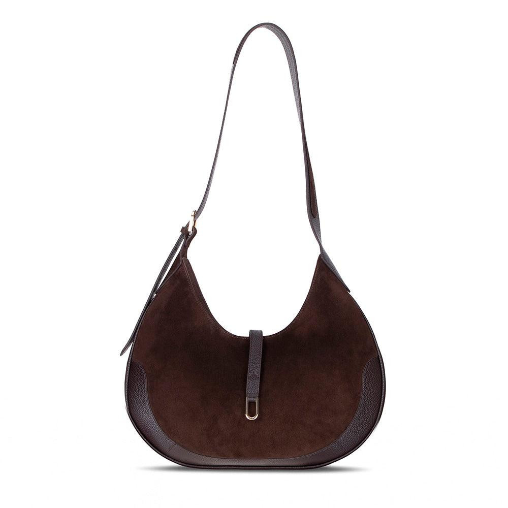 Bloominbag Crescente Walnut Suede Hakiki Deri Kadın Yarım Ay Formlu, El Yapımı Omuz Çantası