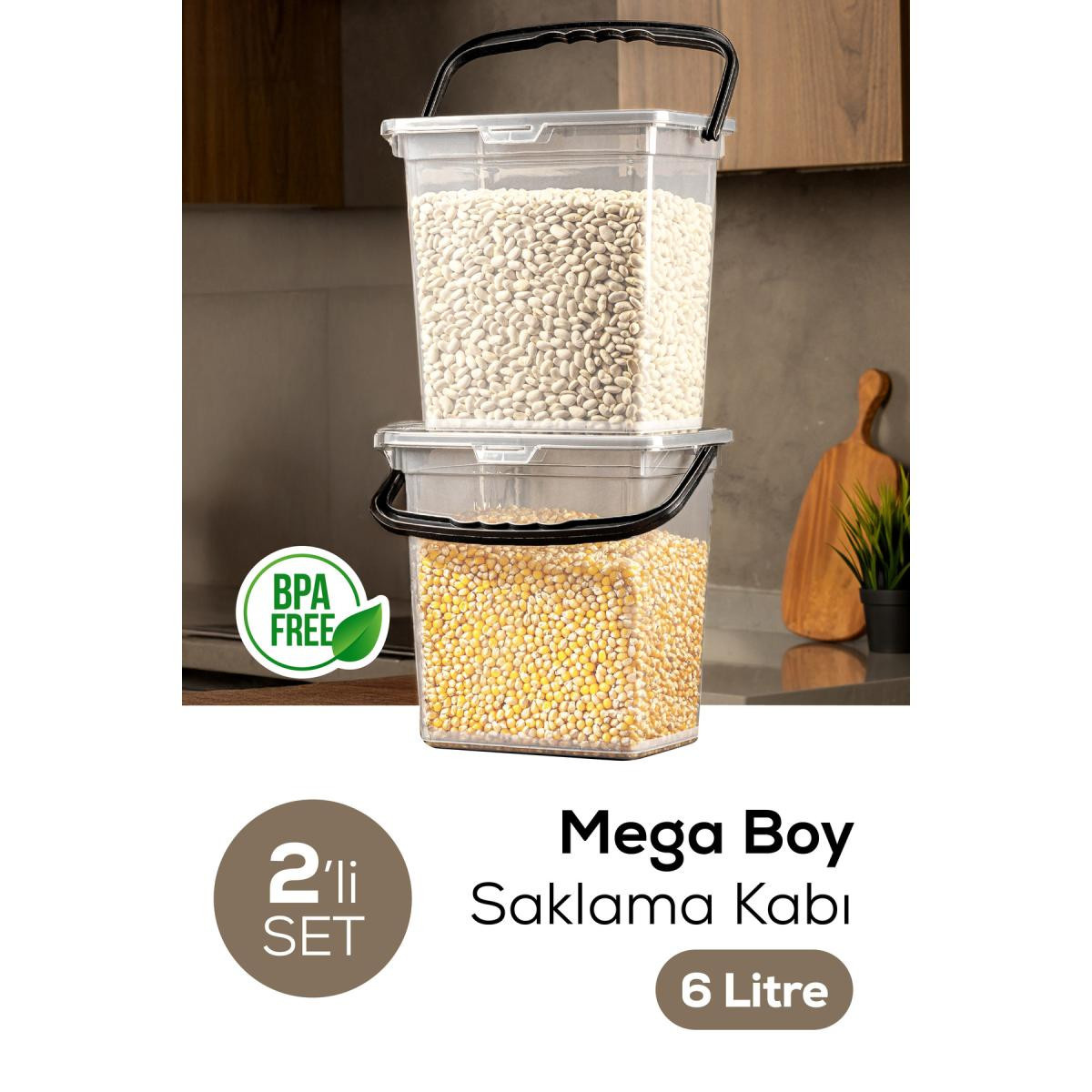 Vienev Mega Boy 2'li Kare Un Bakliyat Kabı 6 Litre - Kulplu Saklama Kutusu Kabı Şeffaf