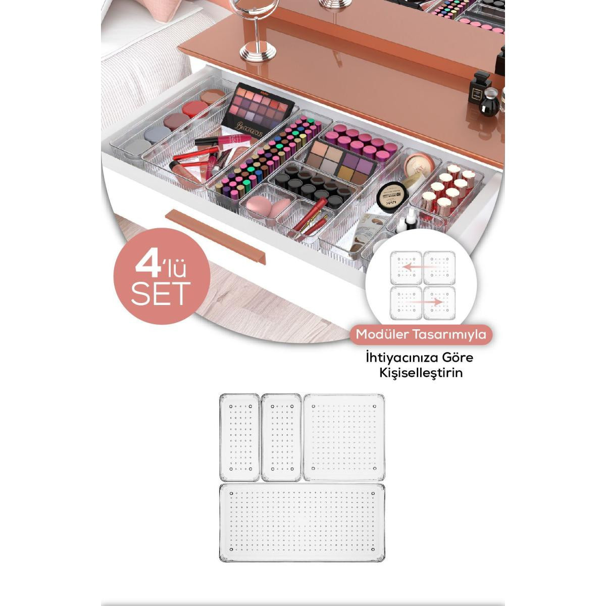 Vienev 4'lü Şeffaf Çekmece Içi Düzenleyici Organizer 1x(b.dkdrtgn, B.kare) 2x(k.dkdrtgn)