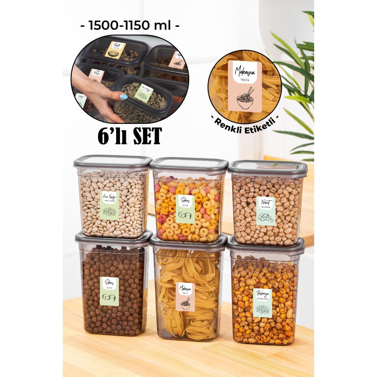 Vienev Renkli Etiketli 6lı Peggy Dikdörtgen Saklama Kabı Seti 3x(1500-1150 Ml) Antrasit