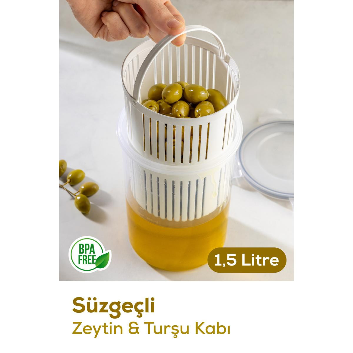 Vienev Süzgeçli Saklama Kabı Zeytinlik Turşuluk 1,5 Litre