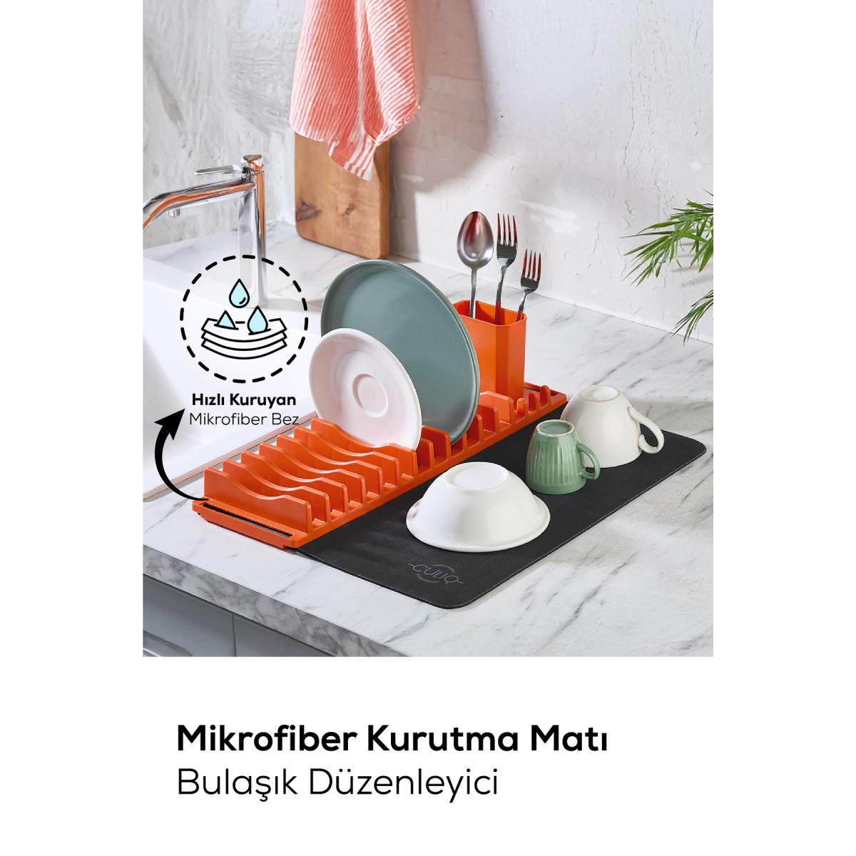 Vienev 2'li Pratik Bulaşık Kurutma Matı Ve Düzenleyici Set Turuncu