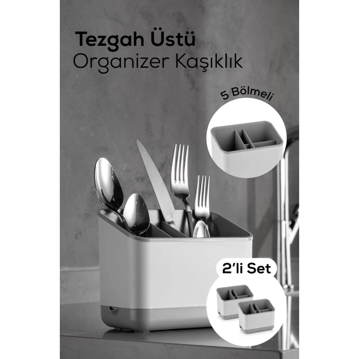 Vienev 2 Adet Tezgah Üstü Kaşık Düzenleyici 5 Bölmeli Organizer Kaşıklık Gri