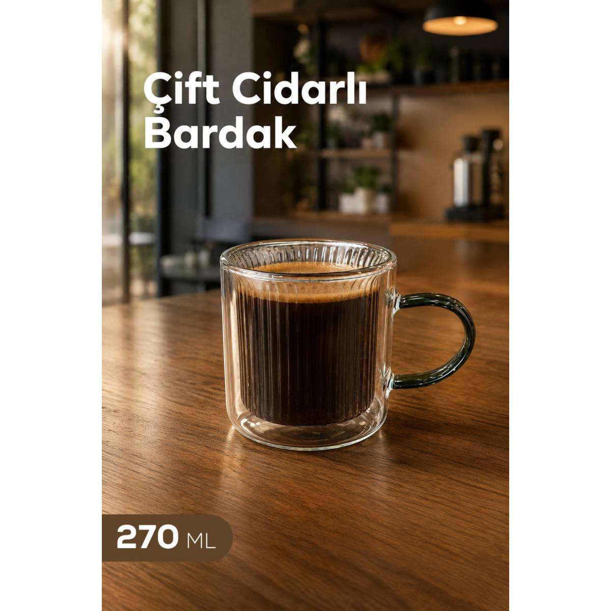 Vienev 270 Ml Çift Cidarlı Borosilikat Cam Kupa - Isıya Dayanıklı Kulplu Bardak