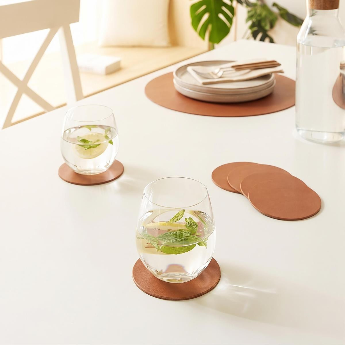 Ocean Home Textile Home Wave 4'lü Taba/gri Renk Suni Deri Bardak Altlığı Ø 10 Cm