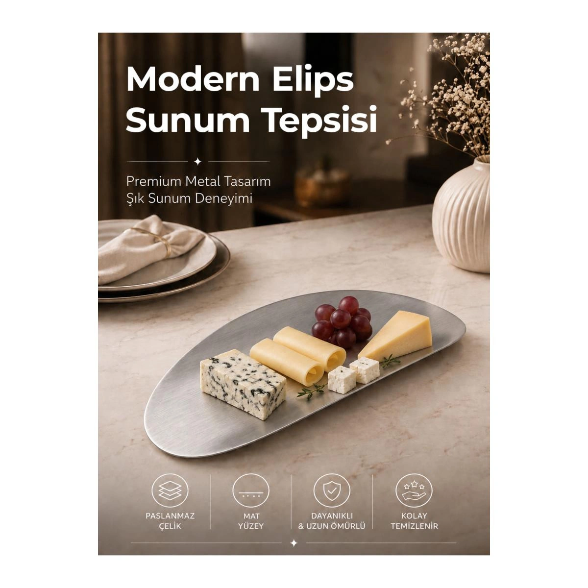 Vienev Modern Elips Metal Sunum Tepsisi
