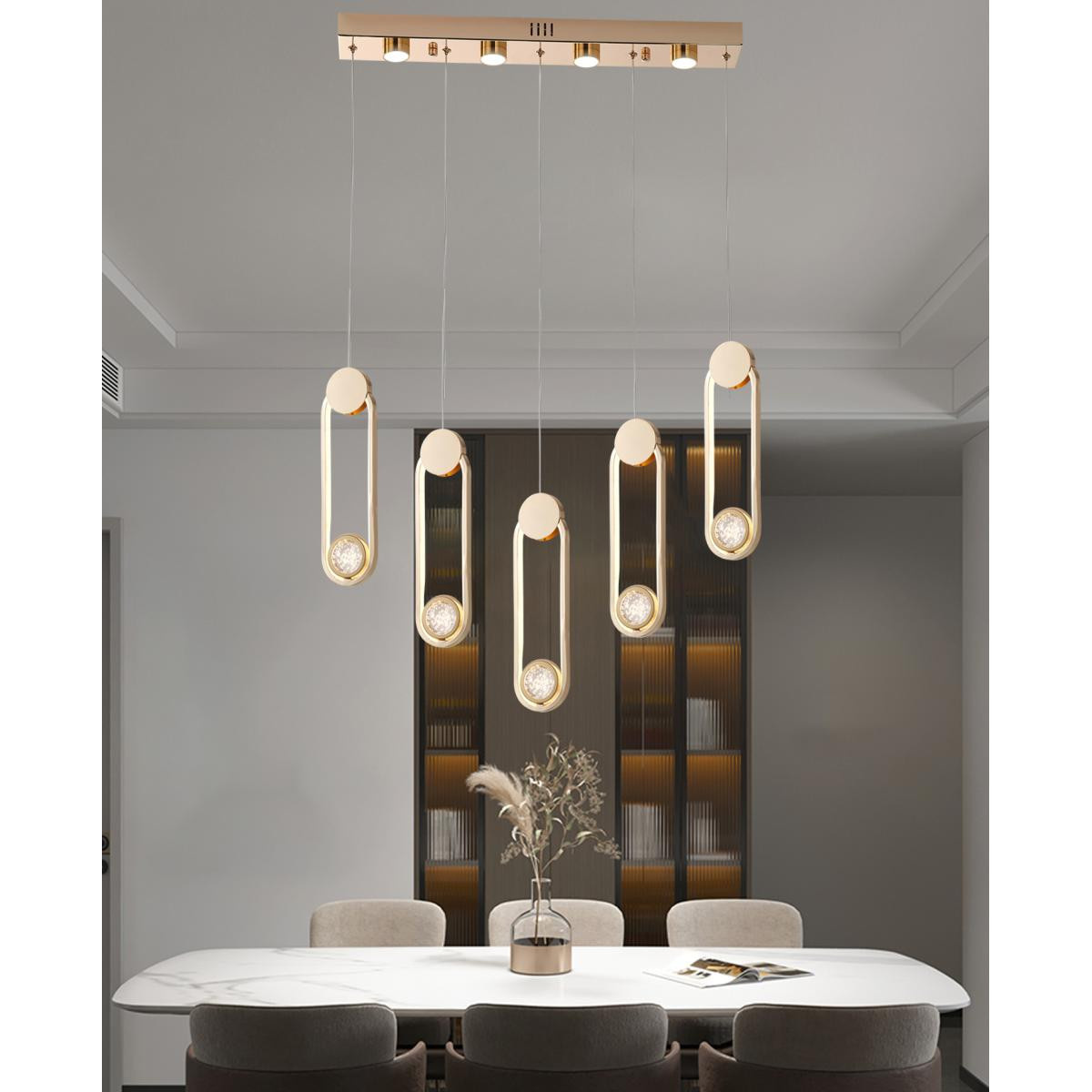 Apliqa Beckett 5'li Sıralı Kristal Top Başlıklı Gold Sarkıt Led Avize