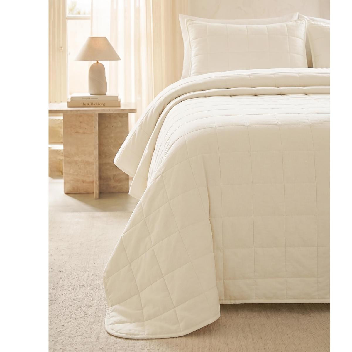 Ocean Home Textile %100 Pamuk Kumaş Kapitoneli Ekru Çok Amaçlı Çift Kişilik Yatak Örtüsü Seti 1 Adet 250 X 230 / 2 Adet 50 X 70 Cm