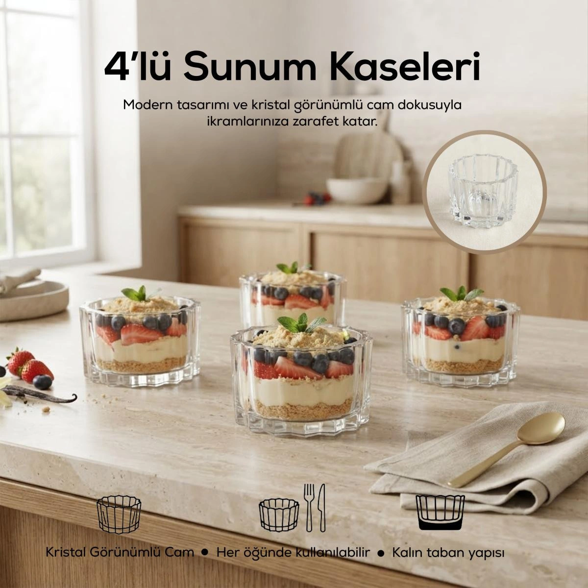 Vienev 4'lü Cam Sunum Kasesi, Magnolya Ve Tatlı Kasesi, Cam Çerezlik ,dondurma Kasesi-200cc