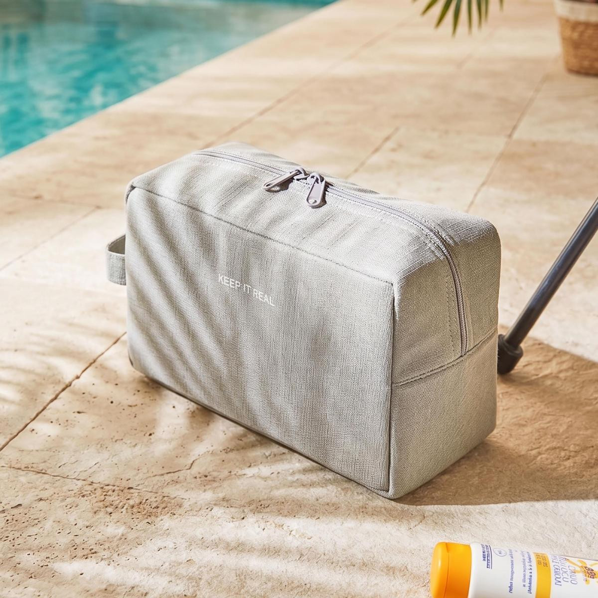 Ocean Home Textile Termal Astarlı Su İtici Leke Tutmaz Gri Renk Jüt Keten Makyaj İlaç Çantası 25 X 15 X 12.5 Cm