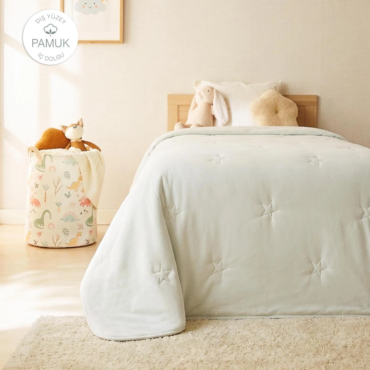 Ocean Home Textile %100 Pamuk Penye Mavi Yıldız Nakışlı Çocuk Tek Kişilik Çok Amaçlı Örtü 155 X 215 Cm