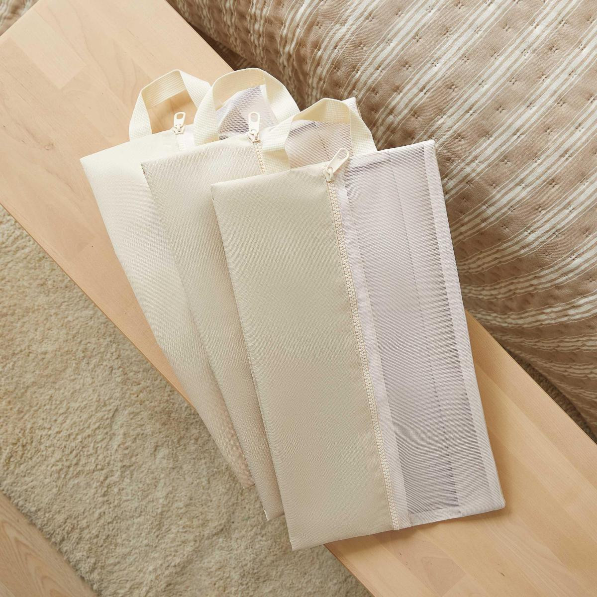 Ocean Home Textile 3'lü Bej Renk Fileli Oxford Kumaş Ayakkabı Düzenleyici Taşıma Çantası Seti 22 X 40 X 9 Cm