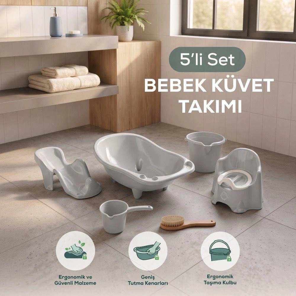 Wumboo 5'li Set Fileli Yenidoğan Küvet Seti Gri