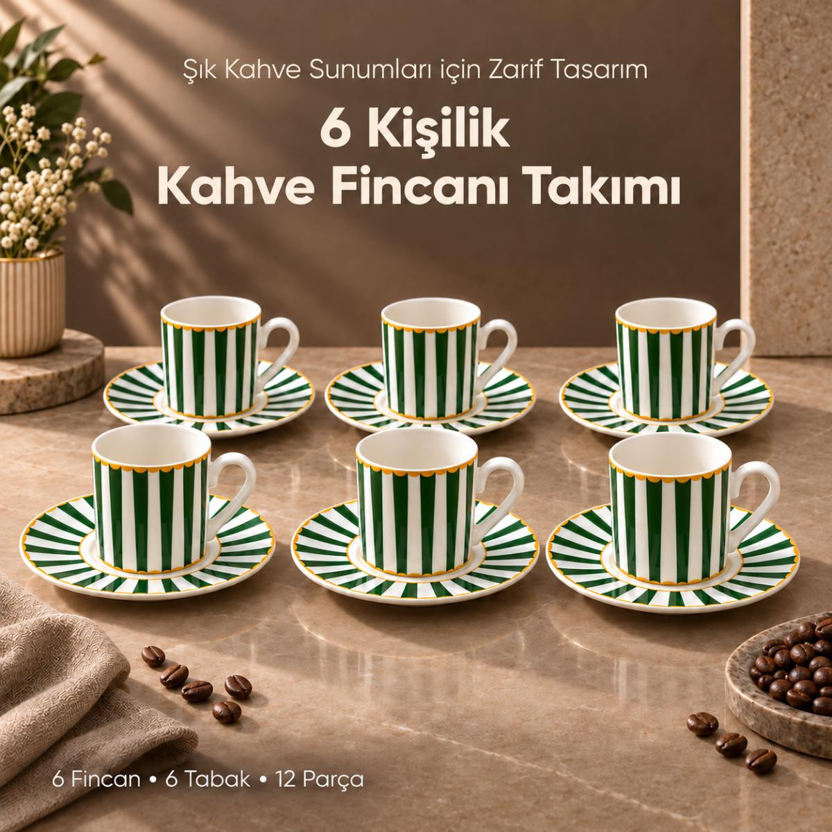 Vienev 6 Kişilik Yeşil Çizgili Porselen Kahve Fincanı Takımı 12 Parça Altın Yaldız Detaylı Şık Sunum Seti