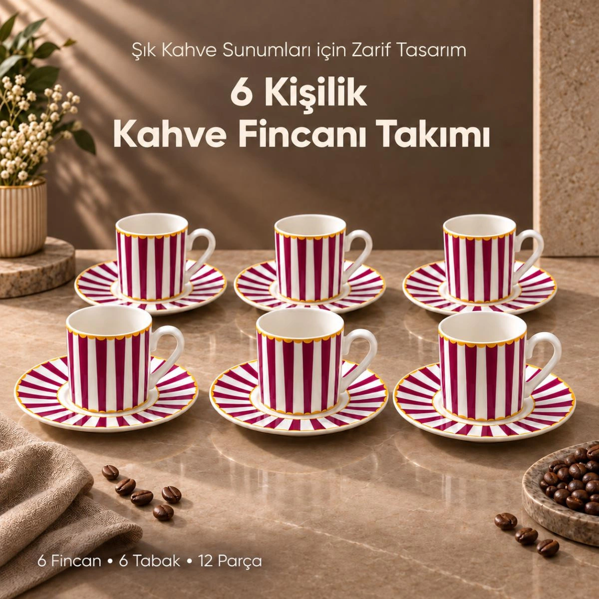 Vienev 6 Kişilik Pembe Çizgili Porselen Kahve Fincanı Takımı 12 Parça Altın Yaldız Detaylı Şık Sunum Seti