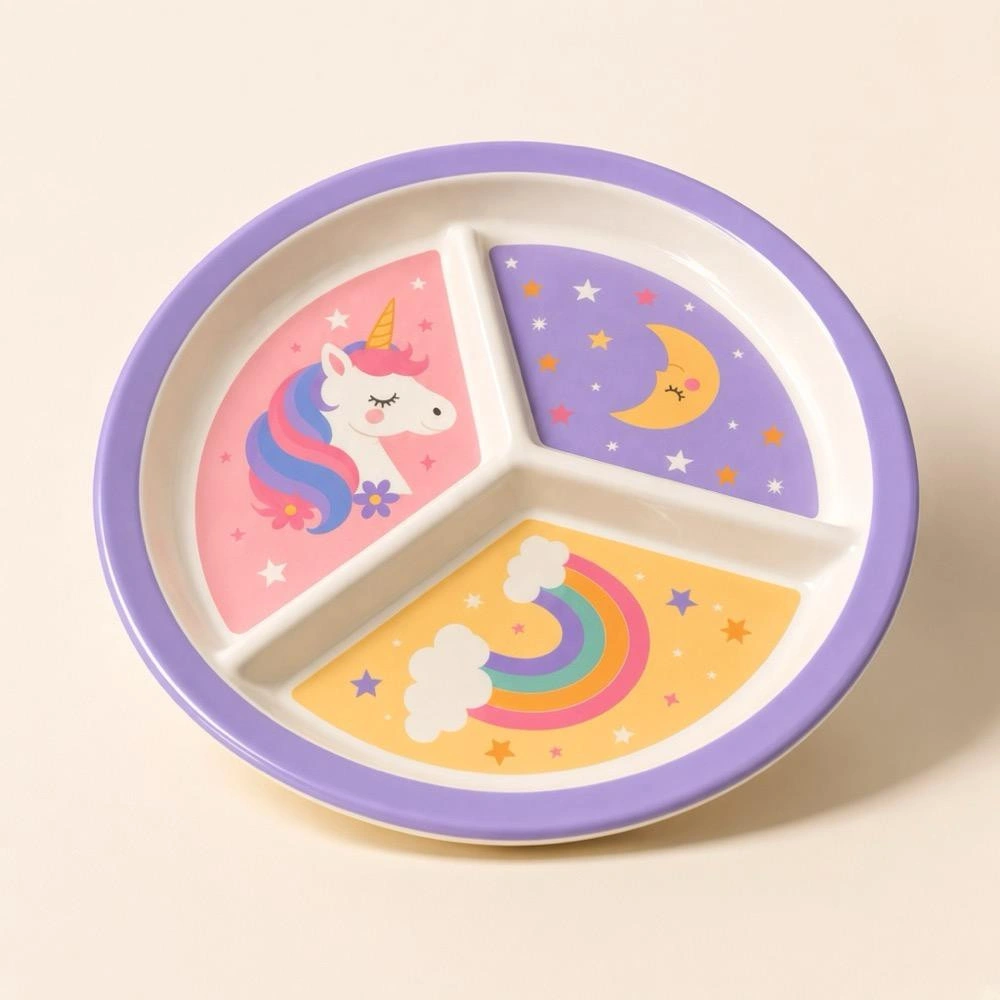 Wumboo 3 Bölmeli Melamin Çocuk Tabağı-mama Tabağı-ekstra Dayanıklı Bpa Free Beslenme Tabağı- Unicorn