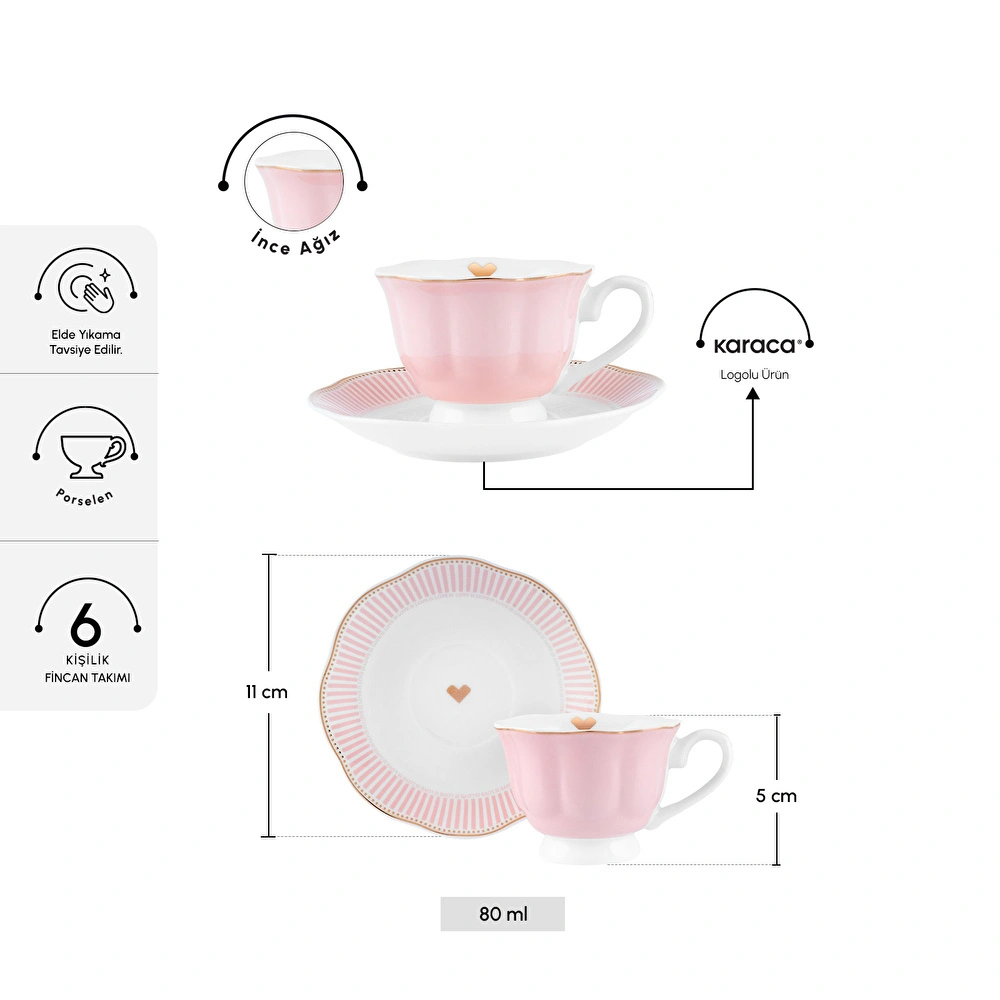 Karaca Piraye Kalp Figürlü Pembe 6 Kişilik Kahve Fincan Takımı 80 ml görseli 2