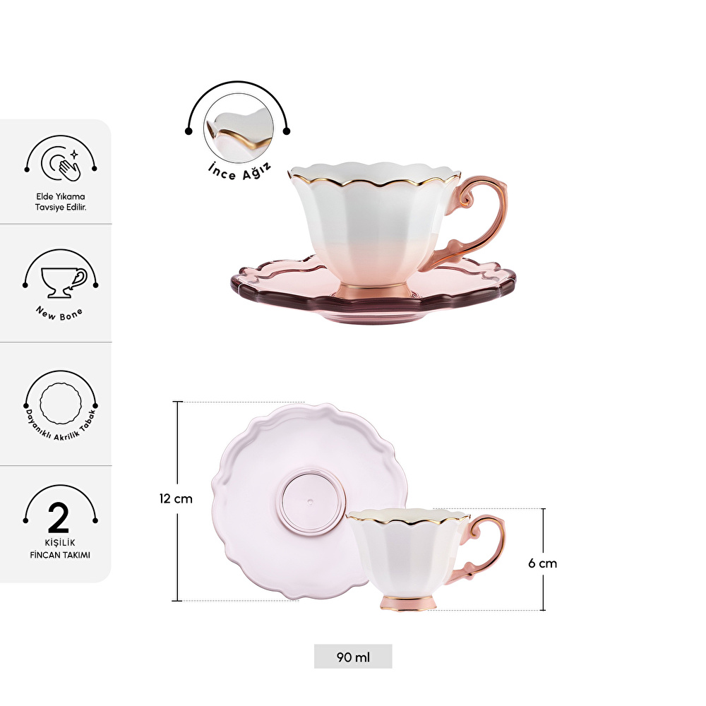 Karaca Samo 2 Kişilik Akrilik Tabaklı Pembe Kahve Fincan Takımı 90 ml görseli 2