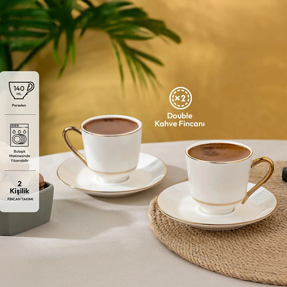 İstanbul Porselen Semin 2 Kişilik Double Kahve Fincan Takımı Gold 140 ml görseli 1