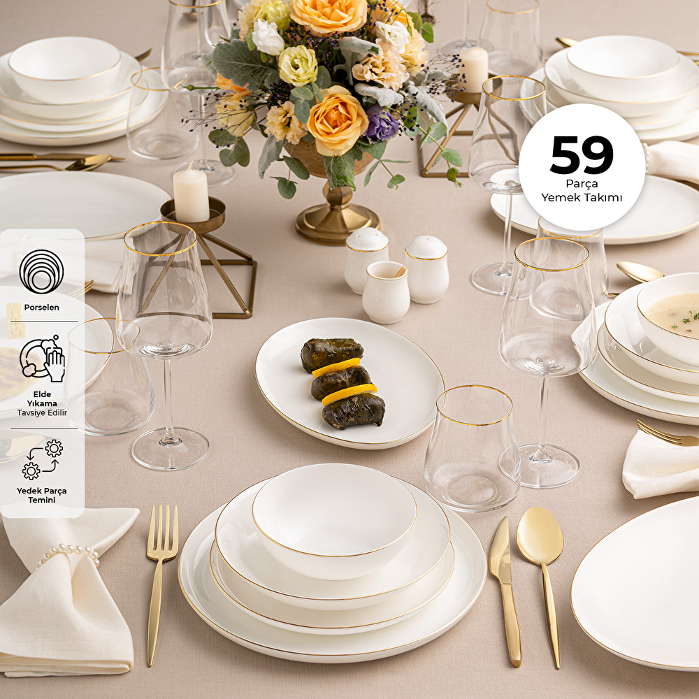 Emsan Galia Fine Bone 59 Parça 12 Kişilik Yuvarlak Yemek Takımı Gold görseli 2