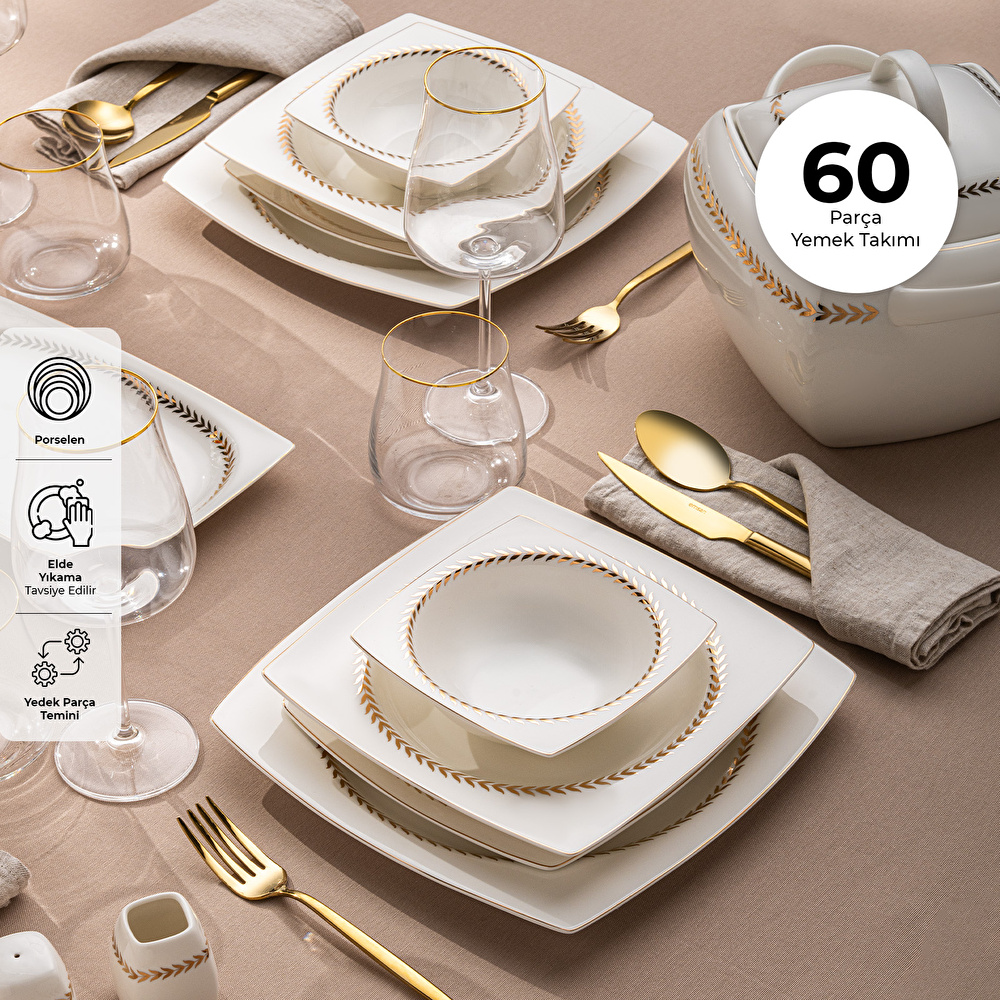 Emsan Başak Fine Bone 60 Parça 12 Kişilik Kare Yemek Takımı Gold görseli 2