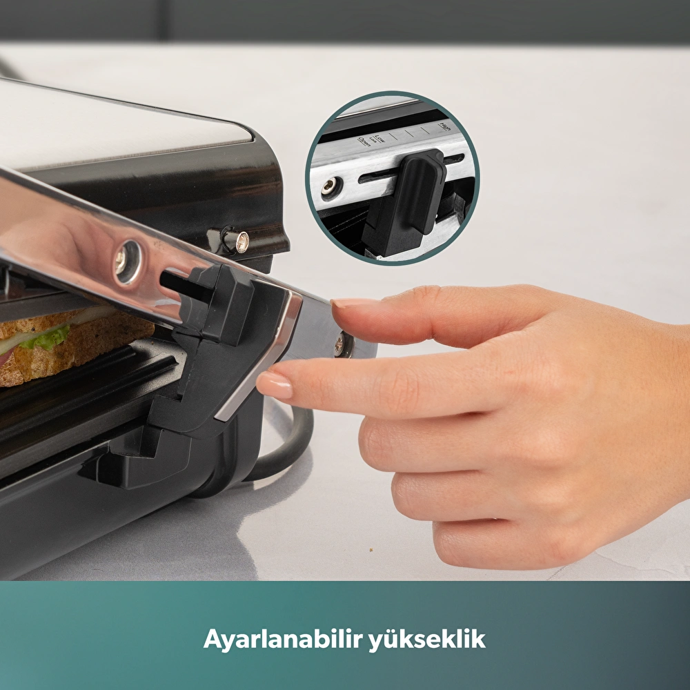 Homend Grilliant 1340H 4 Dilim Kapasiteli Gövde Alt ve Üst Sıcaklığı Ayrı Kontrol Edilebilen Döküm Plakalı Tost ve Izgara Makinesi Inox 2000W görseli 5