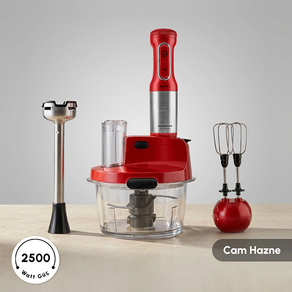Karaca Mastermaid Prosteel Uzun Blender Ayaklı 6 Bıçaklı Cam Hazneli Rendeli Mutfak Robotu Imperial Red görseli 1