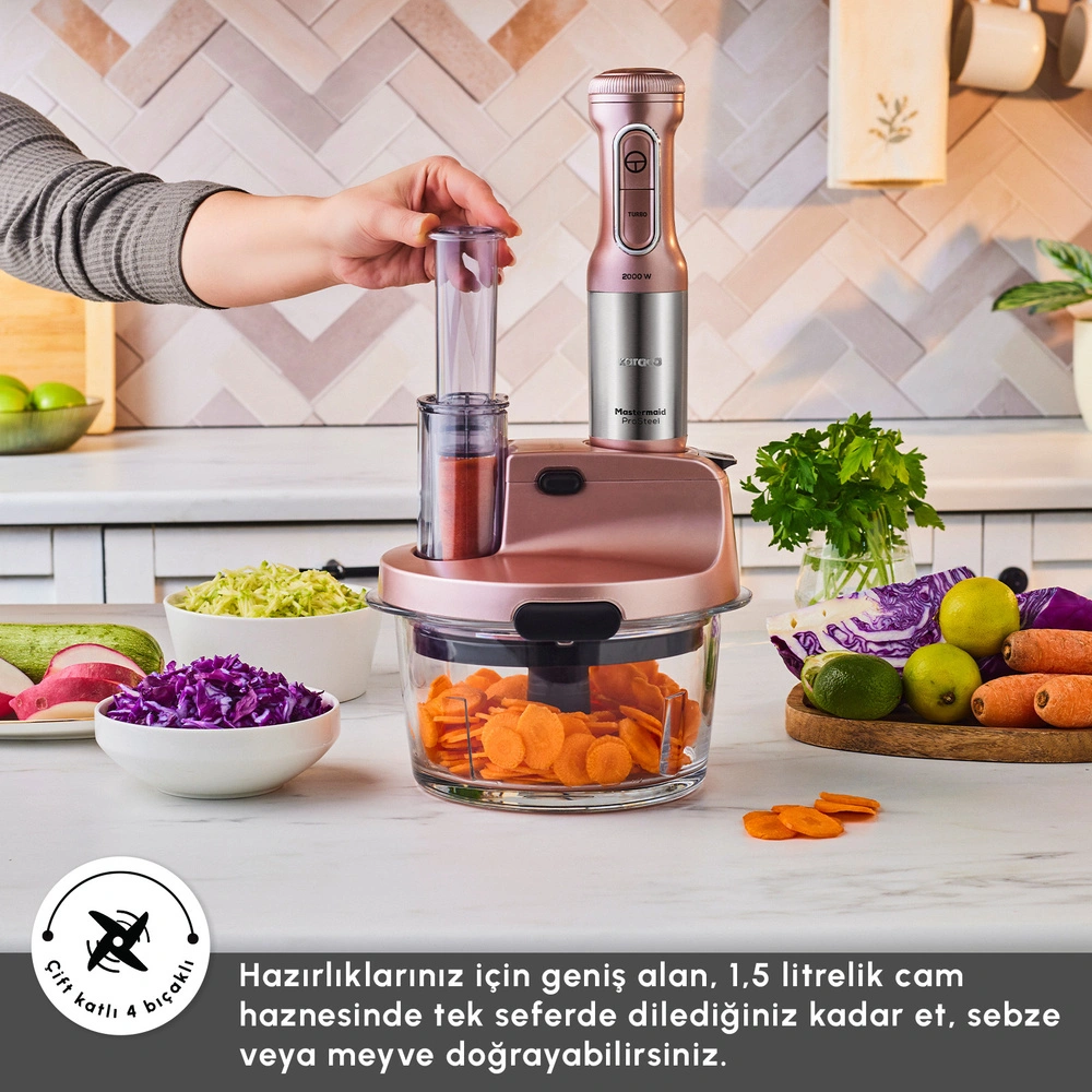 Karaca Mastermaid Prosteel 6 in 1 Uzun Blender Ayaklı 6 Bıçaklı Cam Hazneli Rendeli Mutfak Robotu Rosegold görseli 6